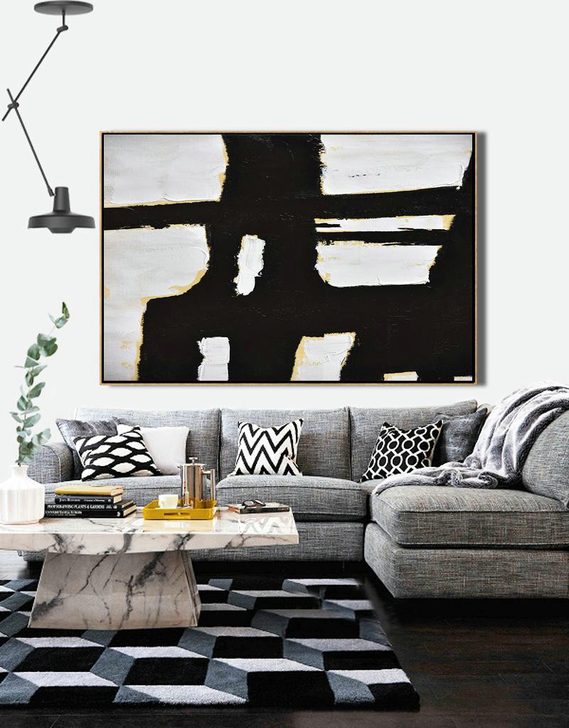 Original Abstract Painting Canvas Art,Horizontal Palette Knife Minimal Canvas Art Painting Black White Beige - Hand-Painted Contemporary Art